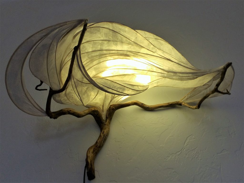 illuminated sculpture made with paper, oak, reed, glue, and LED lighting OOAK home decor